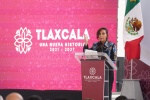 Foto: Cortesía Gobernadora Lorena Cuéllar durante informe de seguridad en Tlaxcala